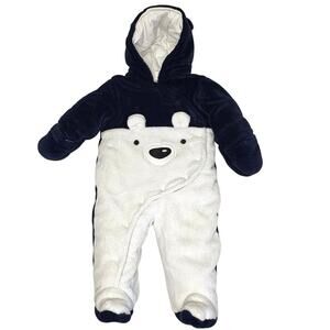 First Wish Infant One Piece Snowsuit Boys 3-6M Blue White Plush Layette Bunting